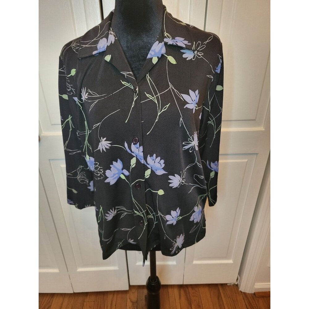 Studio Works Petite Vintage 90's Black Stretchy Floral Button Up PM Whimsygoth